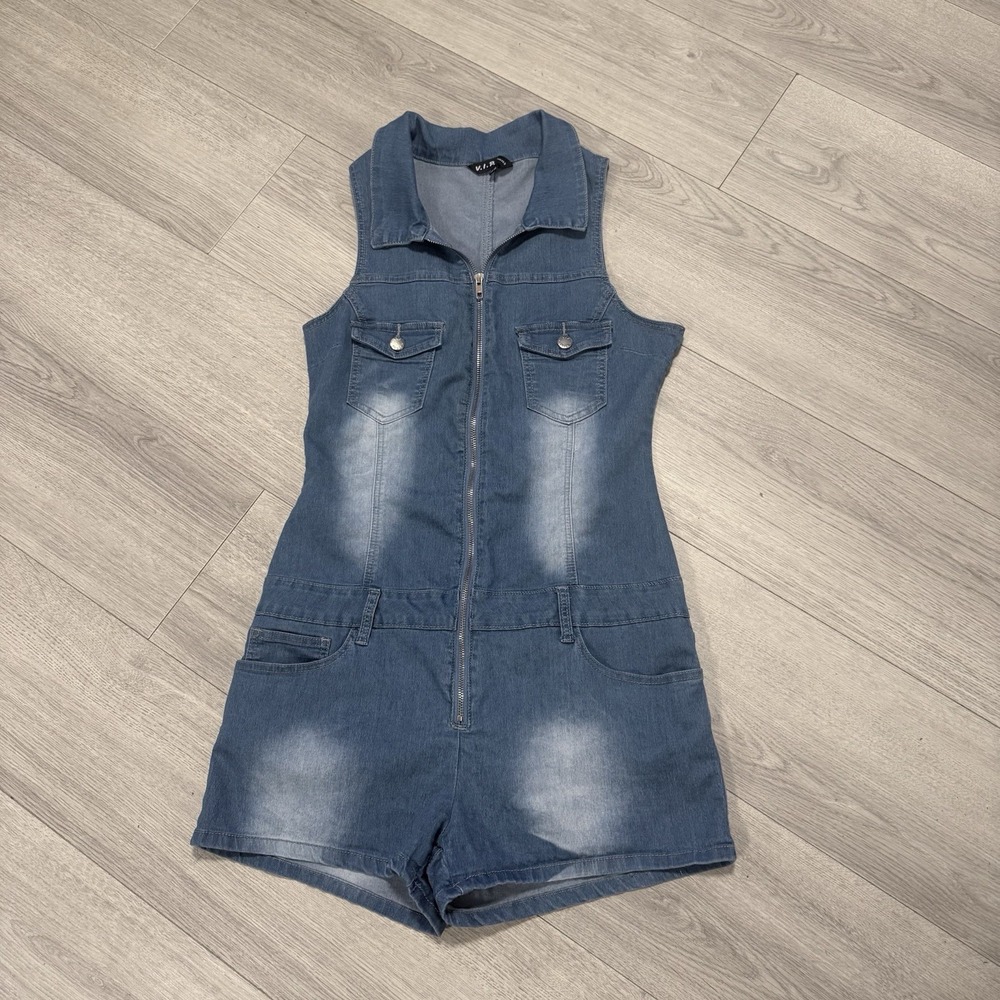 V.I.P. Jeans Denim Romper / Jumpsuit Women's Size 15/16 Washed Style Zip Front